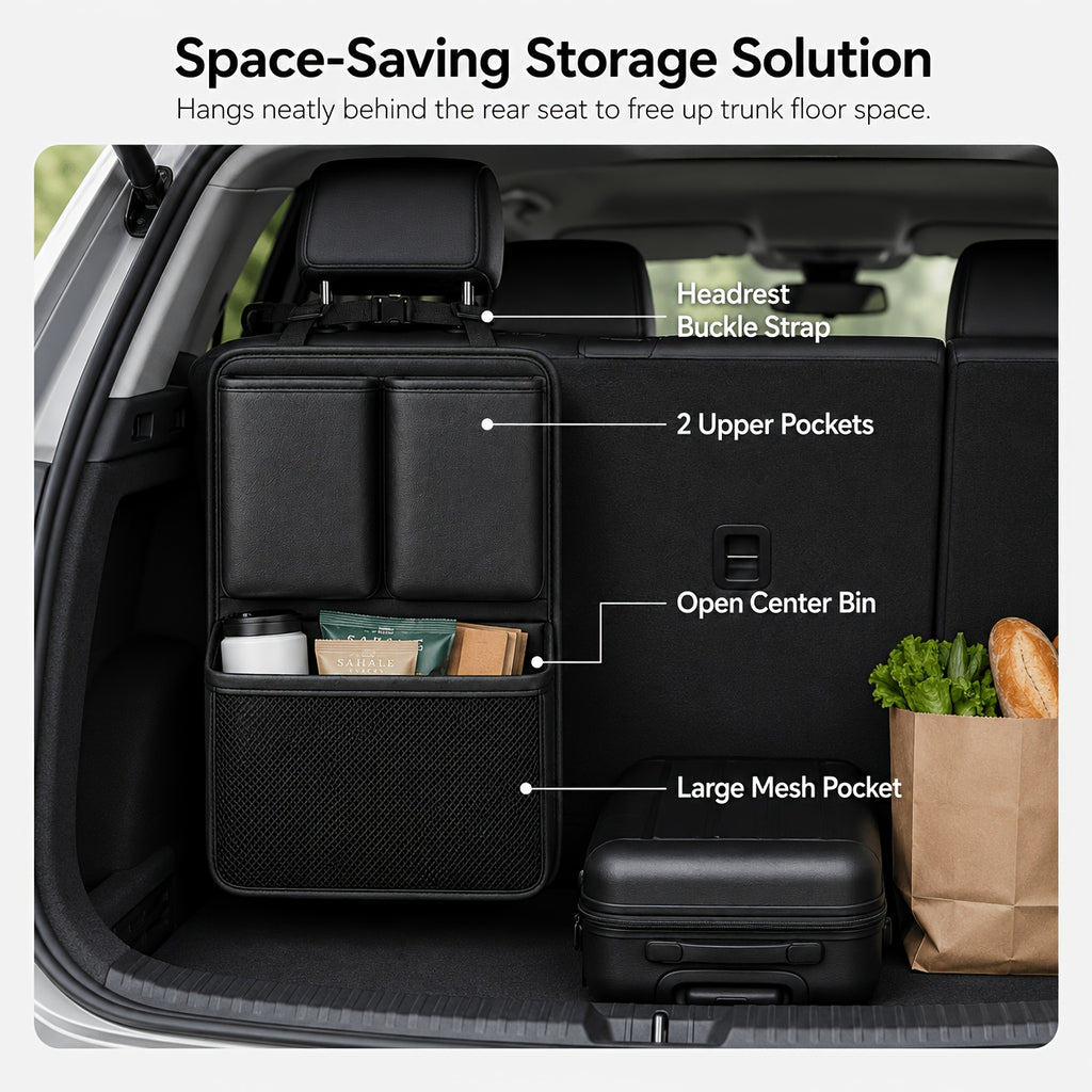 QIANKUNBAG Premium PU Leather Car Organizer Trunk Organizer with Multi-Pocket Storage, Adjustable Straps & Bottle Slots - Versatile Automobile Accessories for Organization And Travel