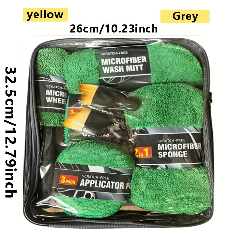A Car Cleaning Set with 11 Items, Featuring Tire Brushes, Microfiber Gloves, Thick Absorbent Pads for Scratch Removal, And Detail Sponges Suitable for Both The Inside And Outside of The Vehicle