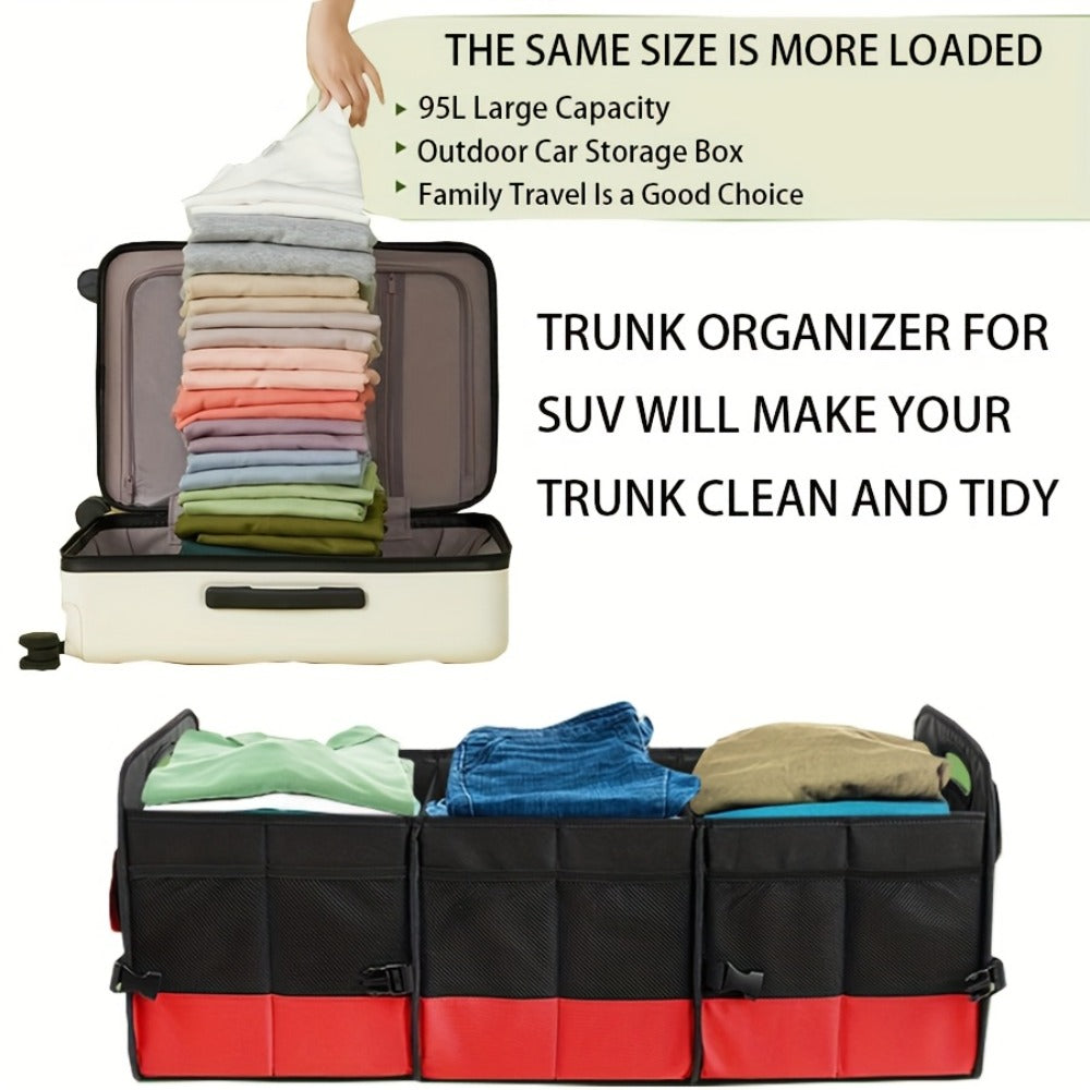 Foldable Car Trunk Organizer 95L – 4-Compartment Storage Box with 2 Retractable Straps, Collapsible Cargo Bin for SUV Truck Minivan – Travel Camping Shopping
