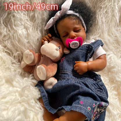 Reborn Baby Doll 19 Inch Curly Blue Hair with Sleeping Sounds Soft Cloth Body & 2.6lbs Lifelike Weight – Hand-Painted Details Includes Outfit Pacifier Plush Toy & Birth Certificate, Newborn Gift Ages 3+ 49cm