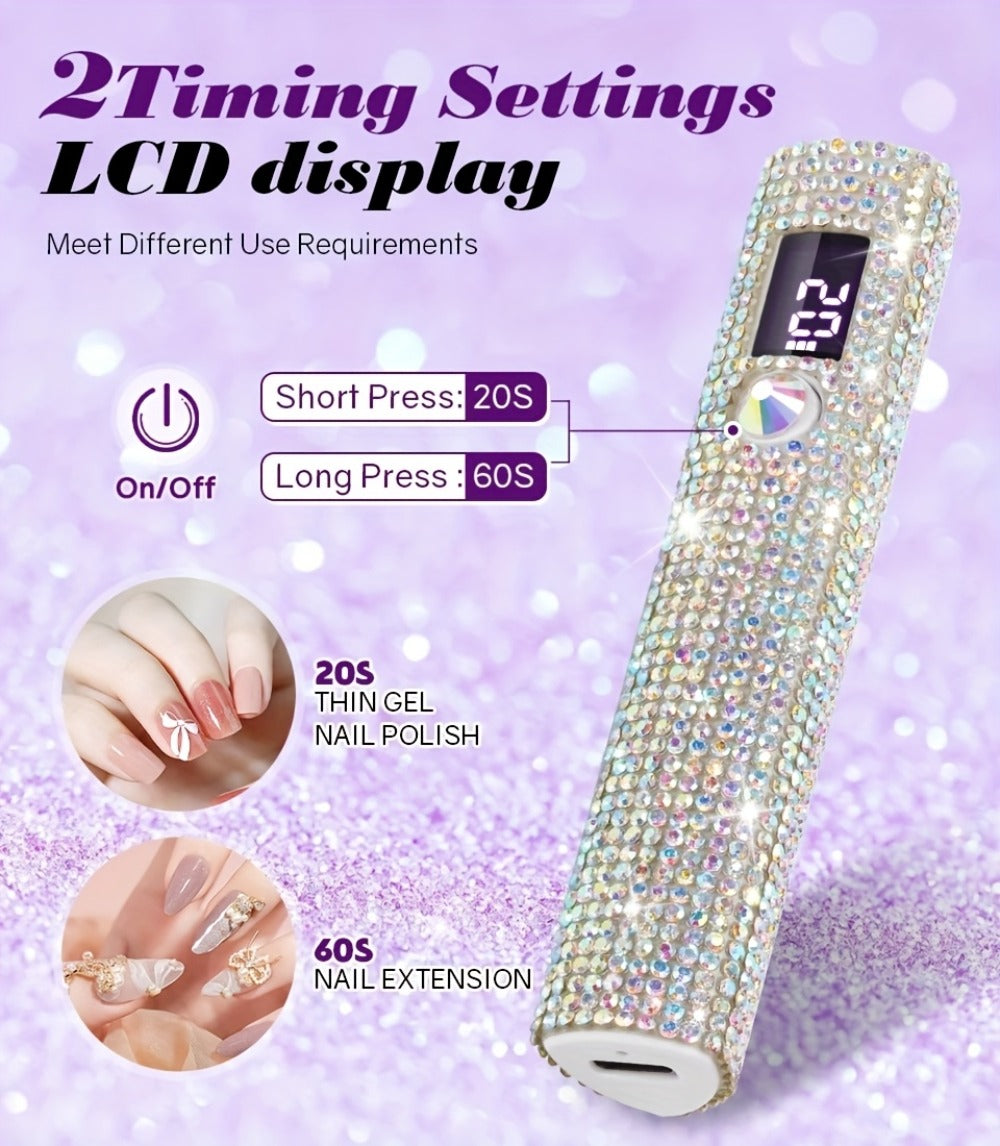 Rechargeable Single Finger LED Nail Lamp UV Gel Curing Light 365nm 405nm Dual Wavelength Rhinestone Flashlight Design 40-Min Runtime Digital Display Portable Travel DIY Manicure Tool