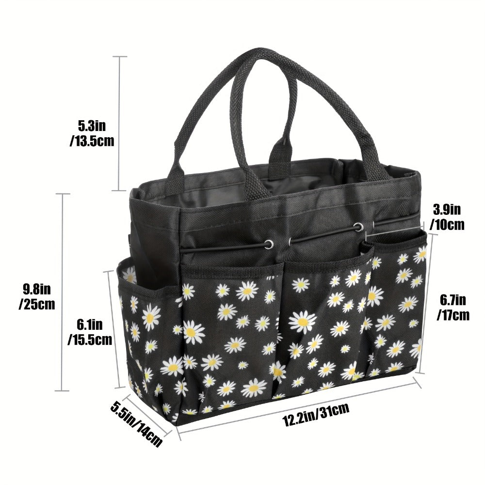 Garden Tool Bag Heavy Duty Multi-Pocket Organizer – Large Capacity Tool Storage Carrier Tote for Gardening, Lawn Care, Camping & Outdoor Work, Portable Daisy Pattern, Black & Gray (No Tools Included)