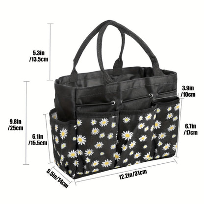 Garden Tool Bag Heavy Duty Multi-Pocket Organizer – Large Capacity Tool Storage Carrier Tote for Gardening, Lawn Care, Camping & Outdoor Work, Portable Daisy Pattern, Black & Gray (No Tools Included)