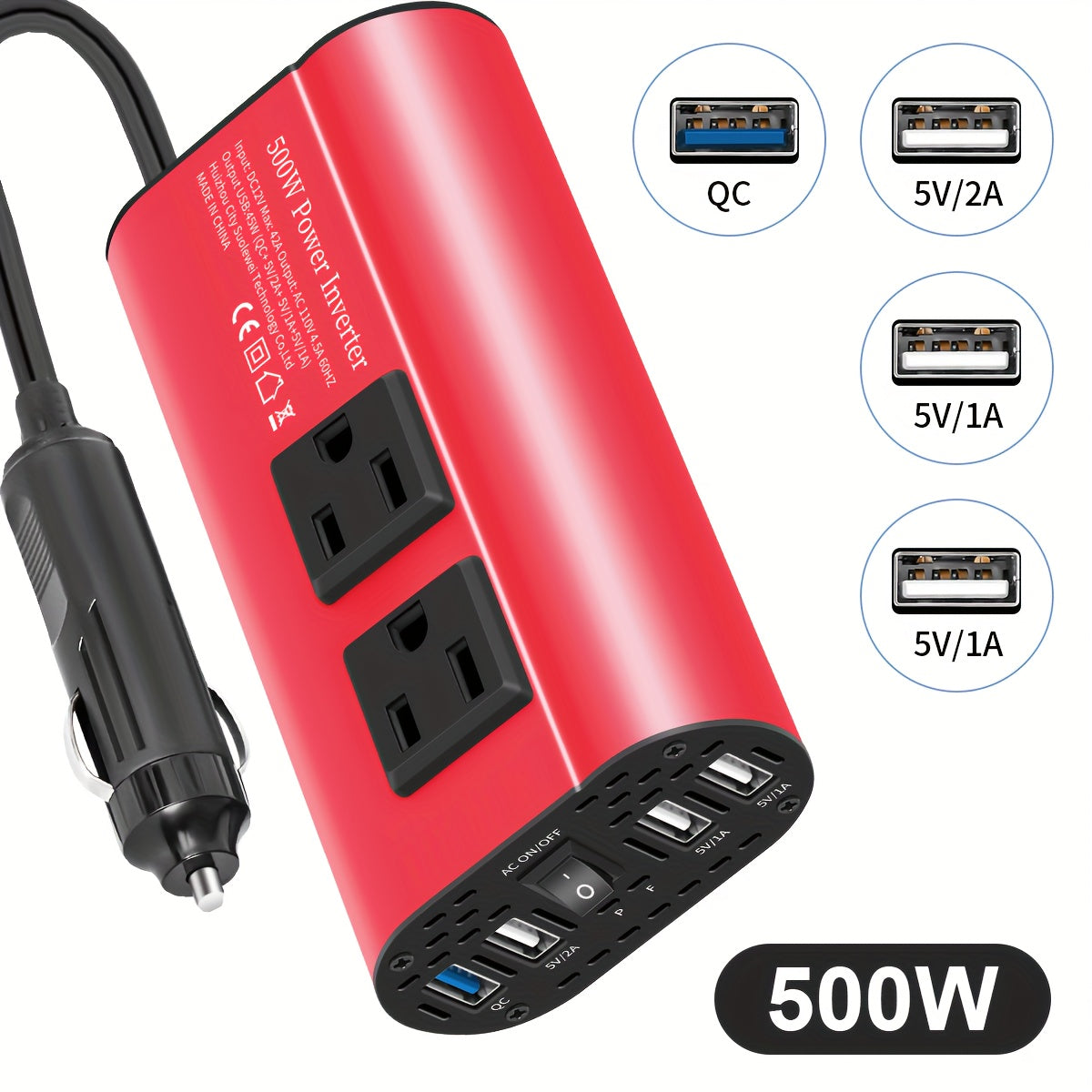 Halloween & Christmas Outdoor Portable Car Power Inverter Charger Converter 500W (Peak) Power Inverter Converts DC 12V to AC 110V with 4 USB Ports for Car Adapter Fast Charging for Cell Phones And Other Devices