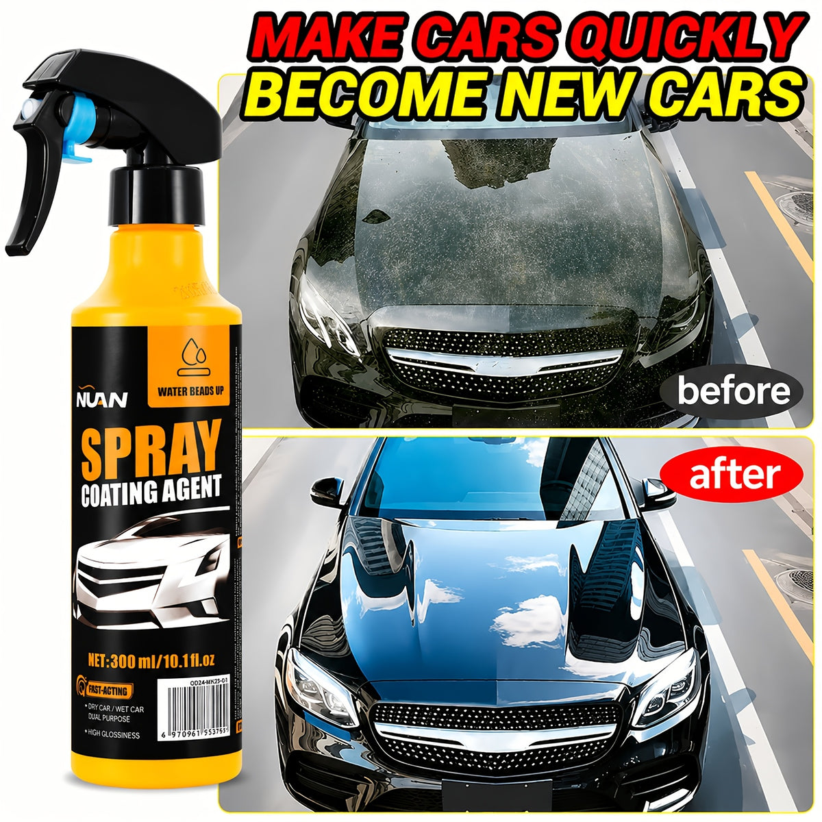 10.14oz NUAN Car Paint Coating & Restoration Solution Stain-Resistant Rainproof Multi-functional Cleaning and Coating Spray- Effectively Cleans Stains, Brightens Car Paint, Provides Quick Coating, and Offers Long-lasting Protection for Car Paint