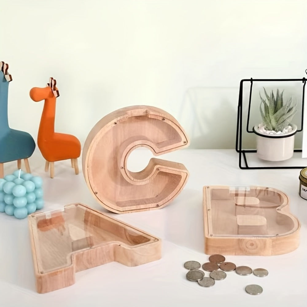 Wooden Letter Penny Bank – Alphabet Coin Bank Savings Box for Kids & Adults, Personalized Money Bank Birthday Gift, A to Z Initial Letter Bank