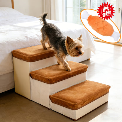 Dog Stairs for High Beds 3-Tier Foldable Pet Steps with Non-Slip Surface & Plush Chicken Leg Toy | Nylon Dog Ramp for Small & Extra Small Breeds | Fits Sofas Couches Beds | Coffee & Gray