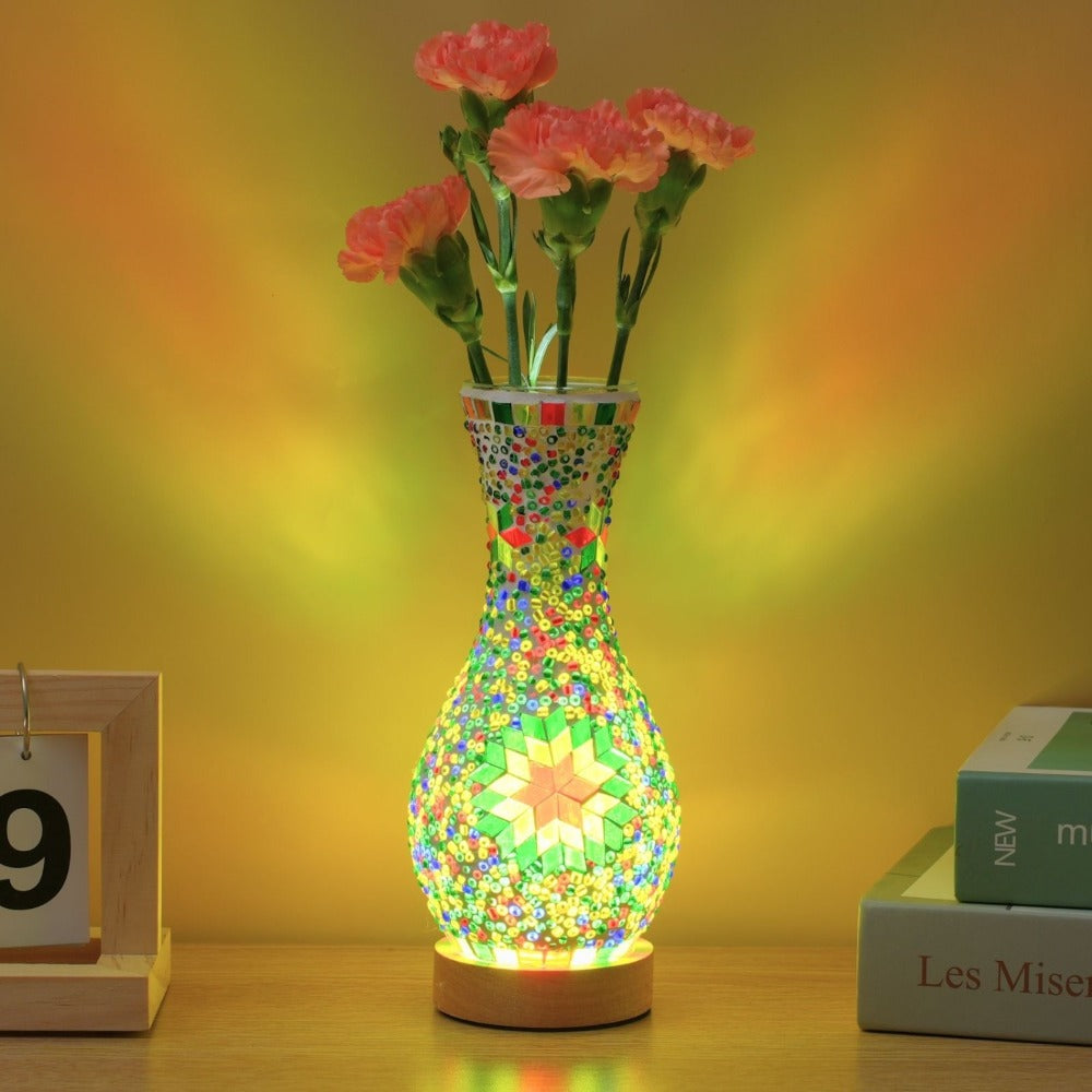 Mosaic Vase Lamp Turkish Moroccan Handmade Colorful Glass Table Lamp with Wooden Base – USB Plug-In Boho Night Light, Flower Vase Lamp for Bedroom Living Room Decor, Bohemian Mosaic Desk Lamp Gift