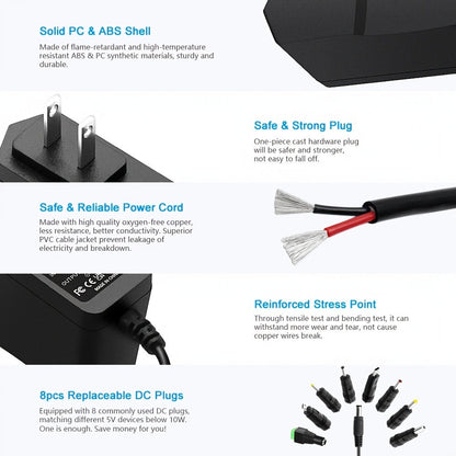 Universal 5V 2A Power Adapter 9-in-1 with 8 Tips - AC/DC 10W Power Supply Type-C Micro-USB Barrel Connectors for Router CCTV LED Strip TV Box