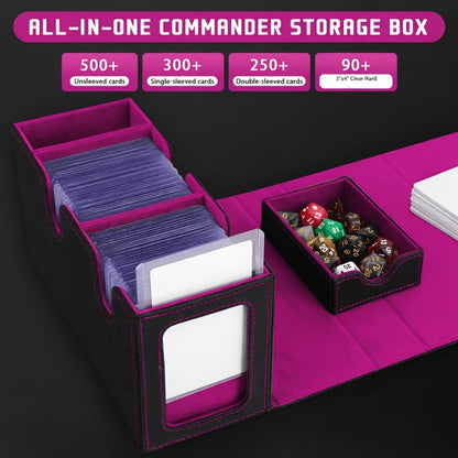 TCG Deck Box with Commander Display & Dice Tray - Holds 300+ Sleeved Cards, Double Deck Case for MTG Pokemon YuGiOh CCG, 5 Dividers & Hard Sleeve Included | Card Storage Box Red Gray Green Purple Blue