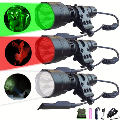 Night Hunting Flashlight with Remote Control Switch – 350 Yards High Power Green Red White Light, 18650 Rechargeable, Multiple Mounts for Hunting, Fishing, Camping & Beekeeping, Best Gift for Men