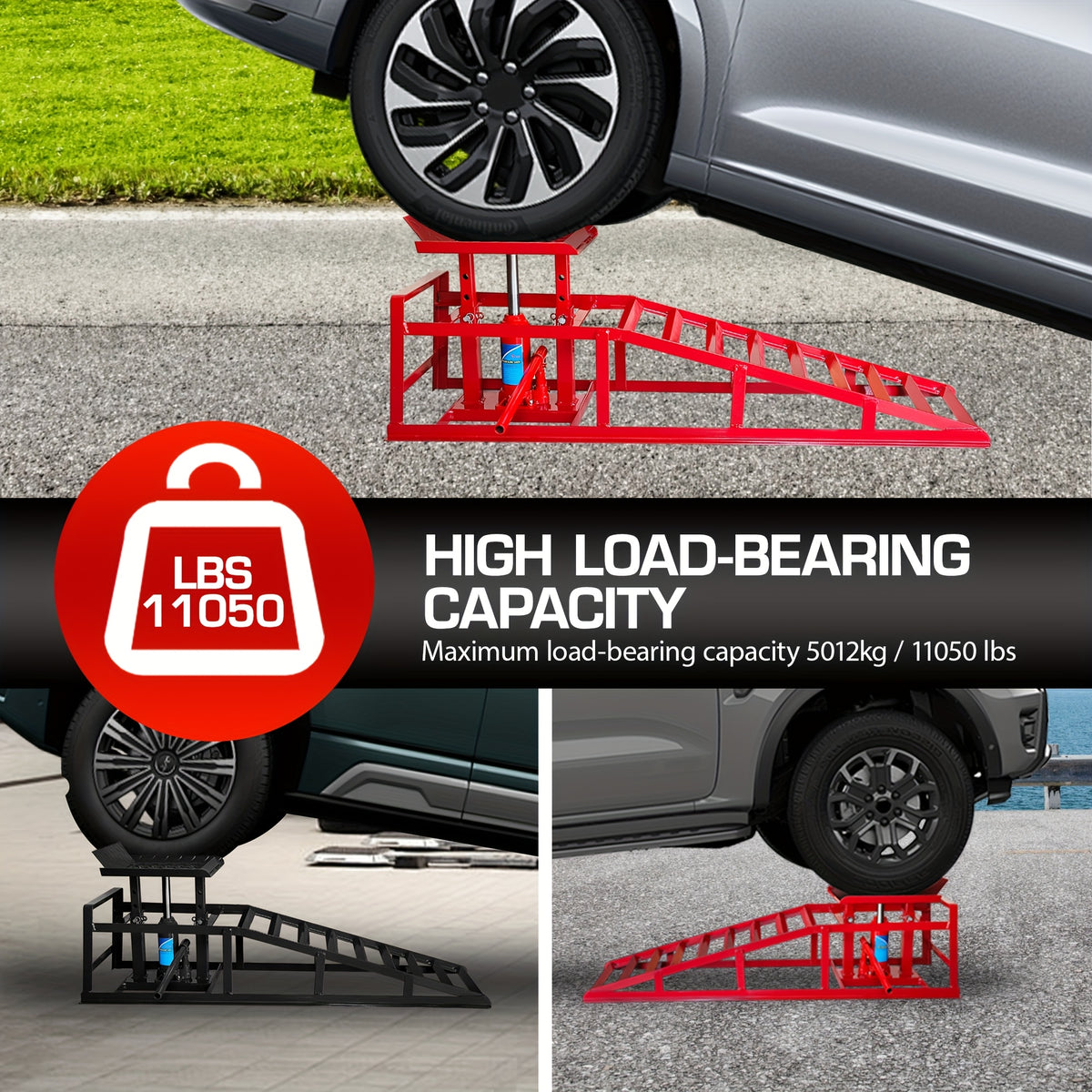 Hydraulic Car Ramps, 2 Pack Car Ramp High Lift, 11050LBS Automotive Truck Cars Service Ramps, Low Profile Oil Change Ramps with Support Jack for Car Truck Trailer Garage Repair (Red)