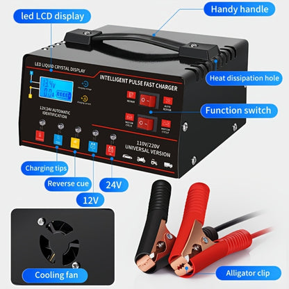 Smart Battery Charger 12V & 24V with LCD Display – Intelligent Trickle Charger, Smart Repair, Overcharge & Short Circuit Protection for Cars SUVs Trucks Motorcycles Yachts