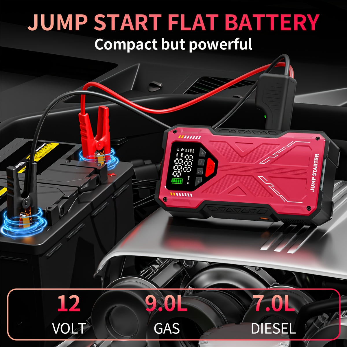 7-in-1 Portable Jump Starter With Air Compressor150PSI Digital Air Compressor, 12V Battery Booster For 2.38gal Gas/1.98gal Diesel Engines, Portable Car Jump Starter With Air Compressor, Fast Charge USB Ports & LED Emergency Light, Christmas Gifts