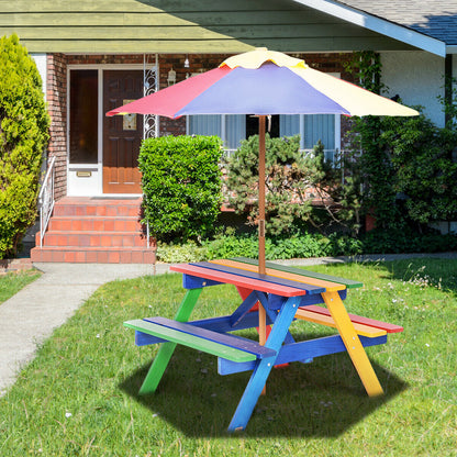 Kids Picnic Table Set with Umbrella Wood Table Bench Set for Toddlers Seats 4 Children Indoor Outdoor Backyard Rainbow Design Birthday Christmas Gift Boys Girls