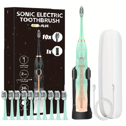 IPX8 Sonic Electric Toothbrush with 8 Replacement Brush Heads — Metal Shaft, USB Rechargeable 500mAh, Travel Case & Holder, Deep Plaque Removal for Adults Men & Women, 5 Colors