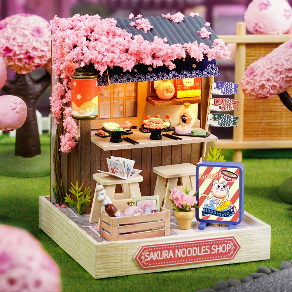 DIY Miniature Shop Dollhouse Kit with Dust Cover – Wooden Mini Store Assembly Set, 4 Themes Sakura Noodles Candy Atelier Coffee, Creative Home Decor Display Gift for Adults & Teens Birthday Christmas