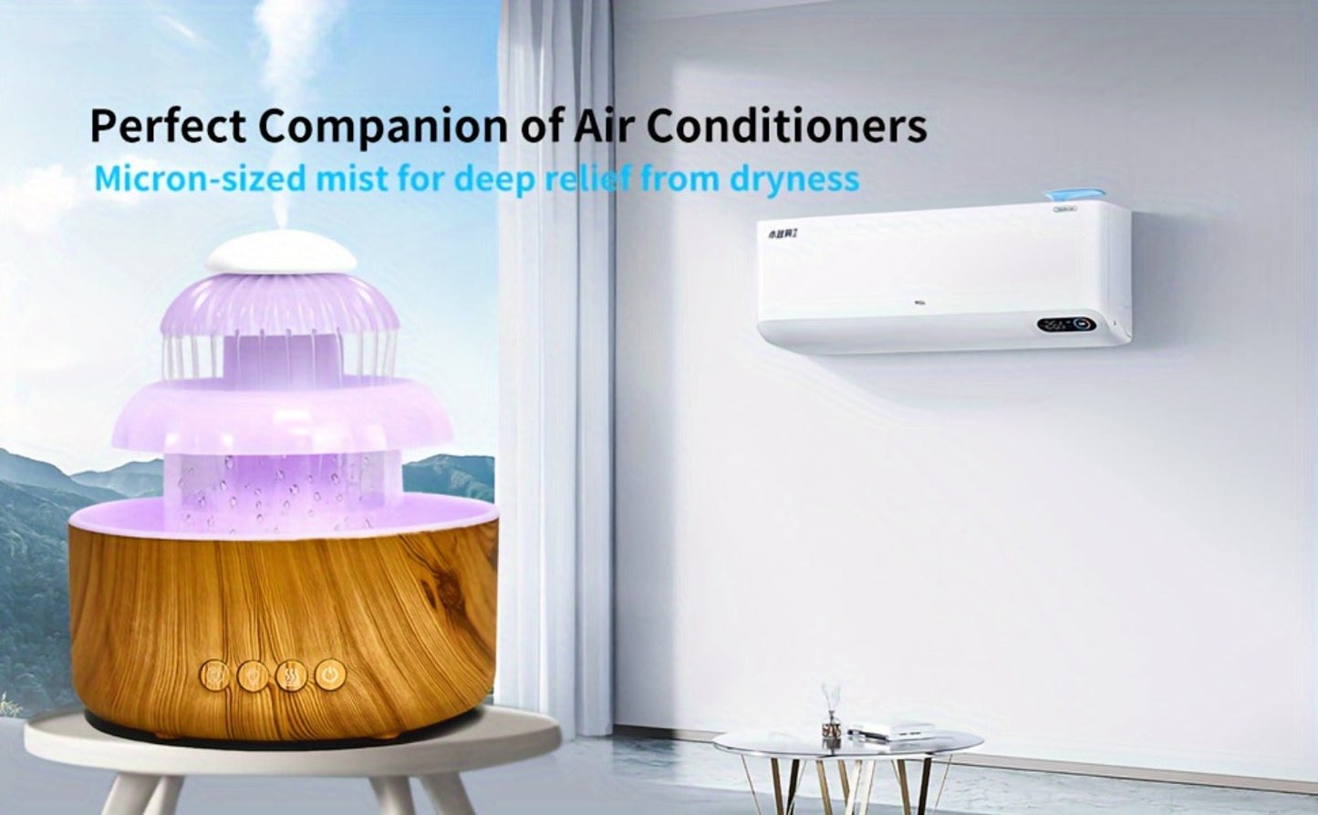 Cool Mist Humidifier with Raining Sound & 8-Color Night Light – 10-Hour Runtime, Essential Oil Diffuser, Air Humidifier for Bedroom, Home & Office, White Noise Sleep Aid, Ambient Mood Light, White