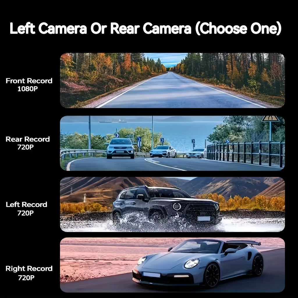 360° 3/4-Lens WIFI FHD 1080P Dash Cam for Cars, 1080P Front And 720P Left/Right/Rear Camera, Wide-Angle, Adjustable Lens, Audio, Loop Recording, G-Sensor, Enhanced Night Vision And Motion Detection - Free 64GB Memory Card for Extended Recording