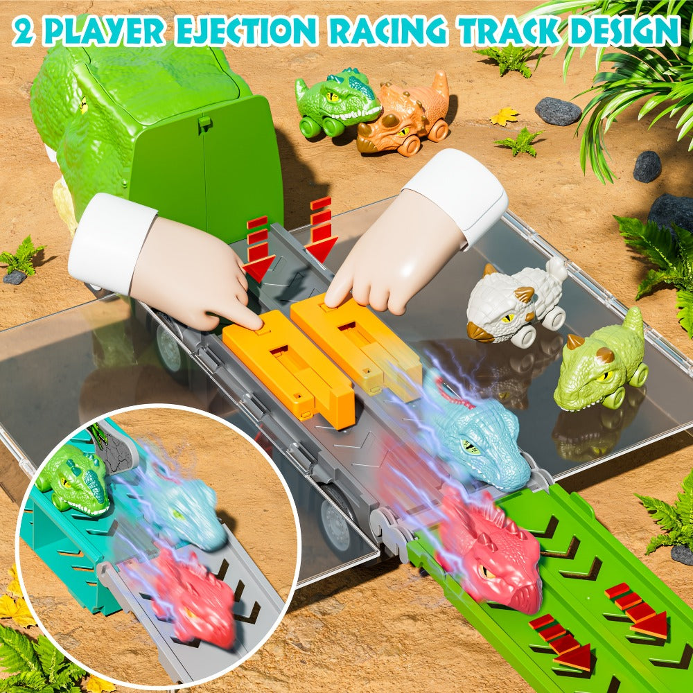 Dinosaur Truck Toys 13-in-1 Transport Carrier with 63-Inch Foldable Race Track | 6 Dino Cars + 6 Die-Cast Cars | 2-Player Racing Mode | Kids Birthday Christmas Gift