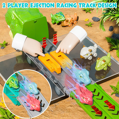 Dinosaur Truck Toys 13-in-1 Transport Carrier with 63-Inch Foldable Race Track | 6 Dino Cars + 6 Die-Cast Cars | 2-Player Racing Mode | Kids Birthday Christmas Gift