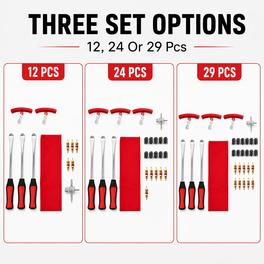 29/24/12pcs Tire Changing And Valve Service Tool Kit with Tire Lever Tools, Valve Caps, Valve Cores, 4-Way Valve Tool, And Storage Pouch for Garage Tire Maintenance And Vehicle Care