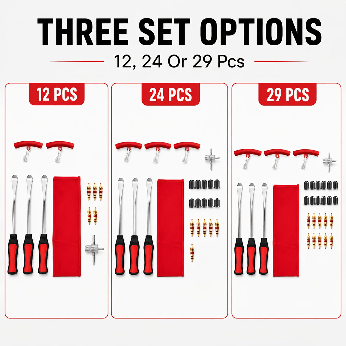 29/24/12pcs Tire Changing And Valve Service Tool Kit with Tire Lever Tools, Valve Caps, Valve Cores, 4-Way Valve Tool, And Storage Pouch for Garage Tire Maintenance And Vehicle Care