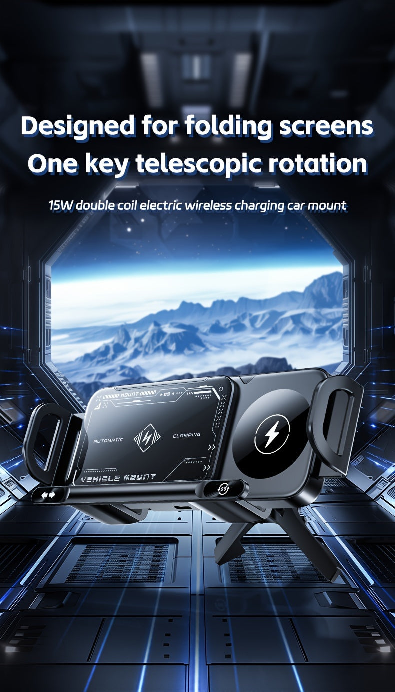 2025 New Car Holder Folding Screen Mobile Phone/tablet Holder 15W Wireless Fast Charging Two-in-one Automatic Rotating Magnetic Mobile Phone Holder Car Air Outlet Holder Suitable for Folding Screen Hands Samsung Galaxy ZFold6/5/4/3 Galaxy ZFold/notes