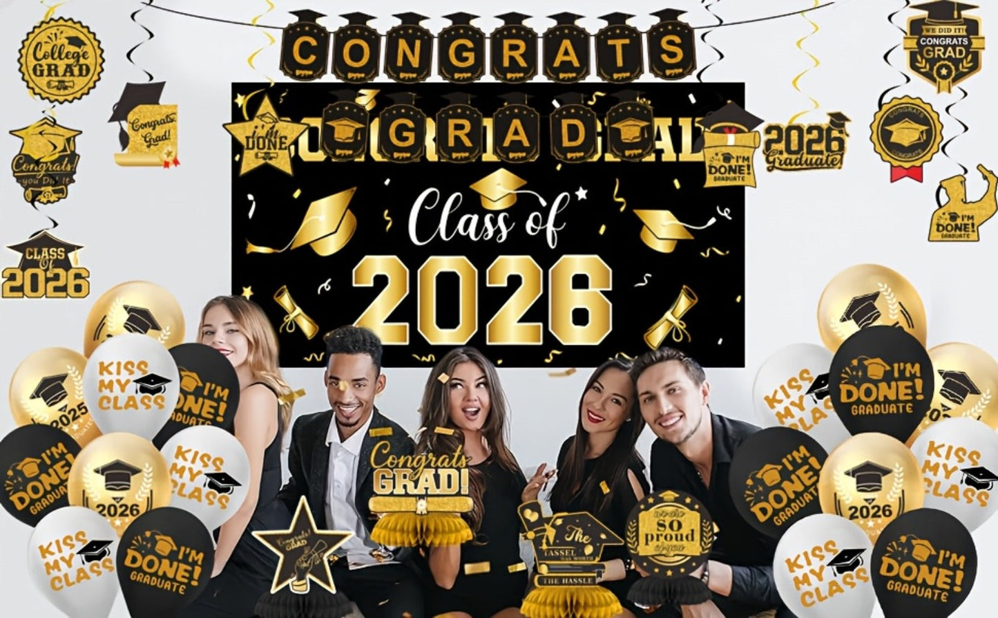 Class of 2026 Graduation Party Decorations – Complete Set with Backdrop Banner Hanging Swirls Balloons & Honeycomb Supplies, 6 Color Options Purple Maroon Blue Red Green Gold