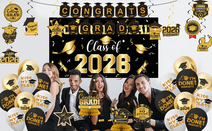 Class of 2026 Graduation Party Decorations – Complete Set with Backdrop Banner Hanging Swirls Balloons & Honeycomb Supplies, 6 Color Options Purple Maroon Blue Red Green Gold