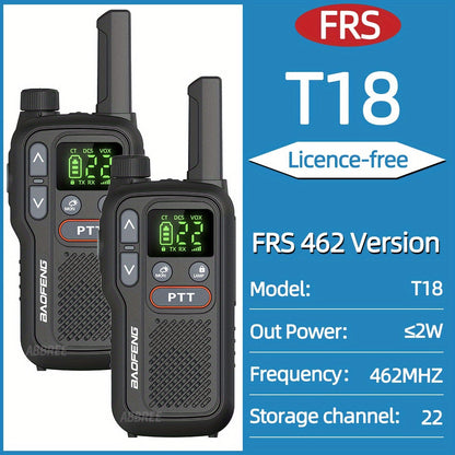 FRS Two Way Radio Rechargeable, BAOFENG BF-T18 Walkie Talkies Long Range with NOAA Weather Alert, VOX Hands-Free, 1500mAh USB-C Battery, LED Flashlight, for Hiking Camping Outdoor Adults 2 Pack