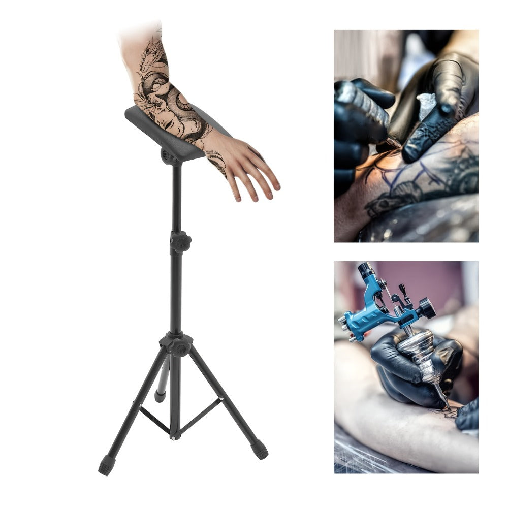 Tattoo Armrest Stand Adjustable Tripod with 15 Disposable Pads & 10 Gloves — 180° PU Padded Arm Leg Rest Portable Collapsible Support for Tattoo Studio Salon & Beginners
