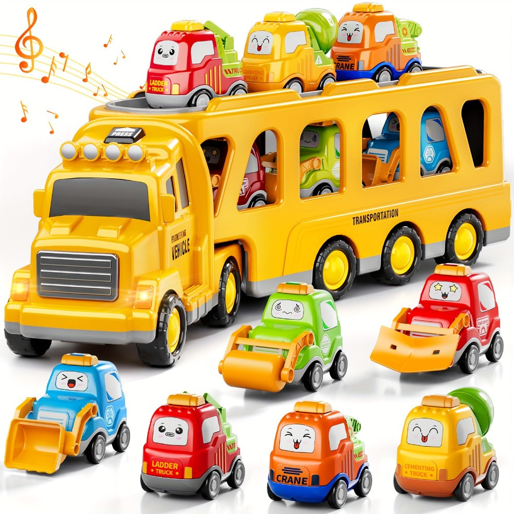 Transport Construction Truck Toy for Boys – 16.9 Inch Large Carrier Truck with 6 Cars, Lights & Sounds, Push & Go Vehicle Playset for Kids Toddlers, Birthday Christmas Gift for Boys Girls