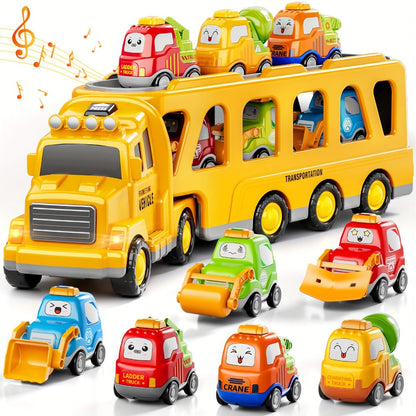 Transport Construction Truck Toy for Boys – 16.9 Inch Large Carrier Truck with 6 Cars, Lights & Sounds, Push & Go Vehicle Playset for Kids Toddlers, Birthday Christmas Gift for Boys Girls