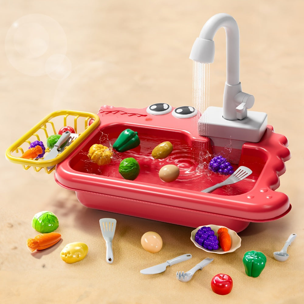 Kids Play Sink Toy with Running Water – Automatic Water Cycle System Pretend Play Dishwasher Kitchen Sink for Toddlers Boys & Girls, Role Play Kitchen Accessory Birthday Gift