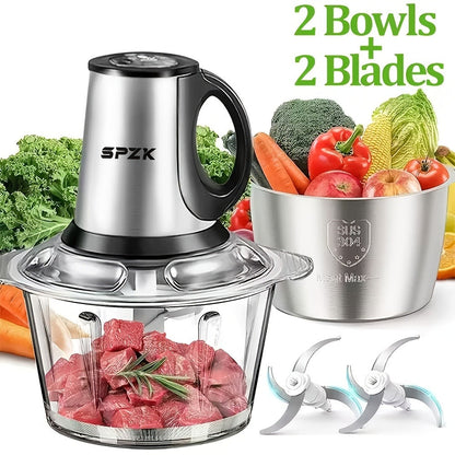 Electric Food Chopper with 2 Bowls & 2 Blades – Multi-Function Food Processor, Meat Grinder & Vegetable Chopper for Meats, Salads, Nuts, Garlic & More