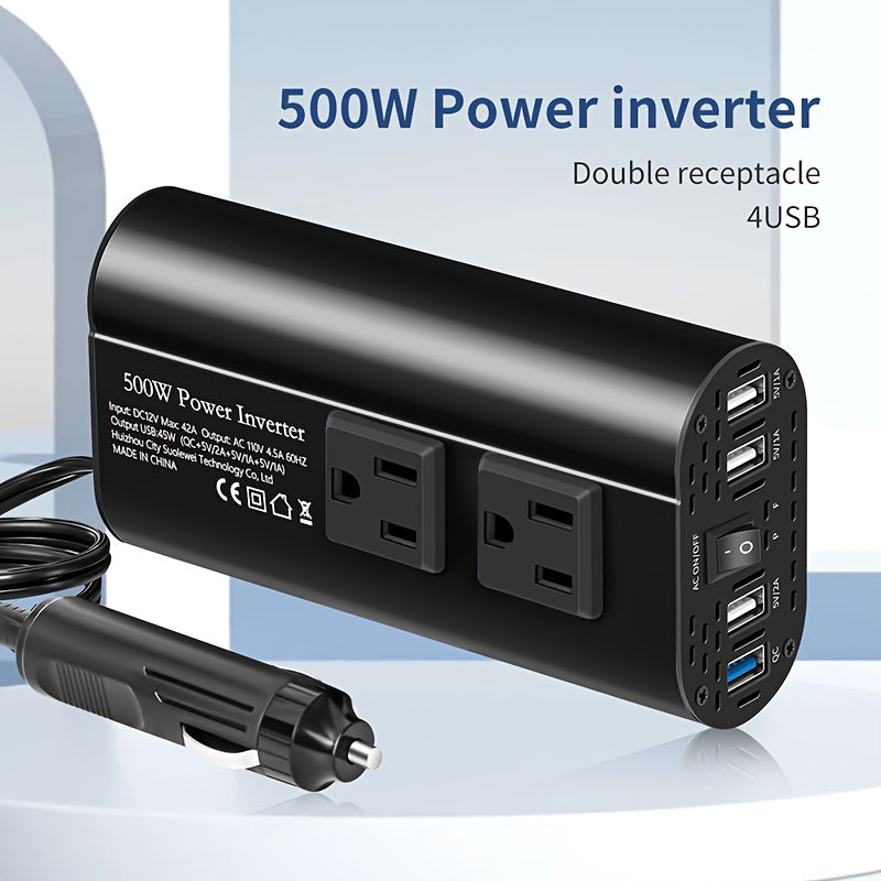 Halloween Christmas Gift, Car Power Inverter Charger Converter 500W (Peak) Power 12V Car Power Inverter, 4 USB Ports, Smart Fast Charging, Power Converter - Car Plug, Mobile Phone, US Socket