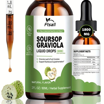 Soursop Bitters Liquid Drops 1800mg with Graviola Leaf & Fruit Extract — High-Absorption Natural Herbal Formula | Digestive Immune & Antioxidant Support | Gluten-Free Sugar-Free | 2 Fl Oz