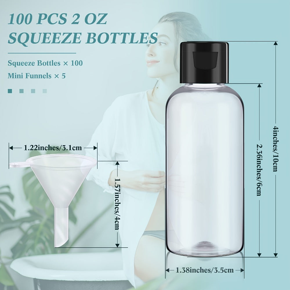 Squeeze Bottles 2oz Flip Cap 100 Pack Clear Plastic Refillable Travel Dispenser Containers BPA Free for Shampoo Lotion Conditioner Liquid Soap Toner Skincare Salon Bulk Bottles
