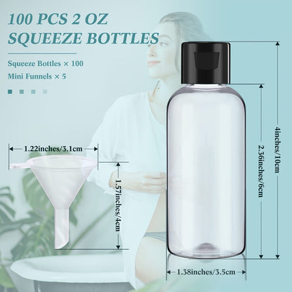 Squeeze Bottles 2oz Flip Cap 100 Pack Clear Plastic Refillable Travel Dispenser Containers BPA Free for Shampoo Lotion Conditioner Liquid Soap Toner Skincare Salon Bulk Bottles