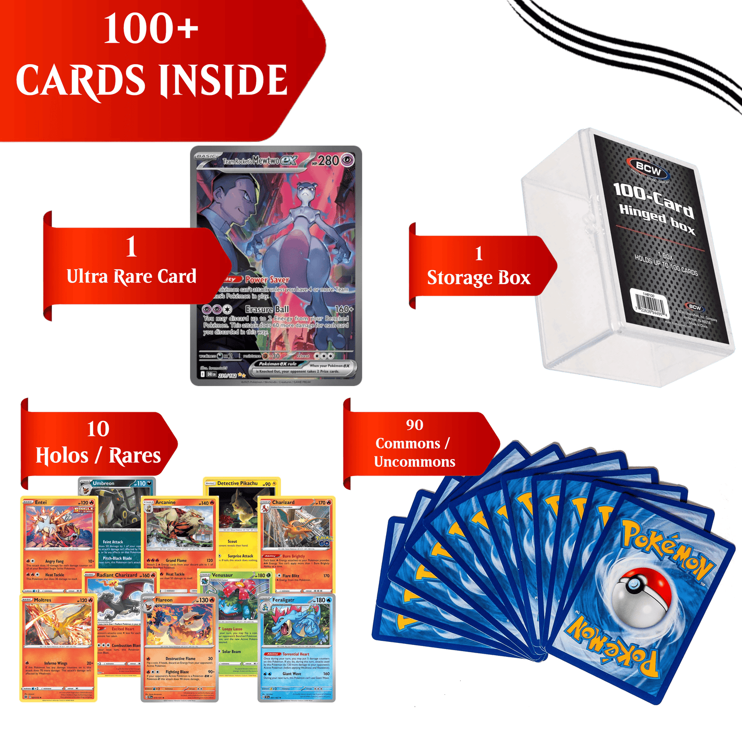 Pokemon Elite Hit Collector Bundle 100+ Cards – 1 Guaranteed IR SIR EX GX V VSTAR VMAX or Full Art + 10 Holos + Plastic Deck Box | Gift for Kids Teens & Collectors