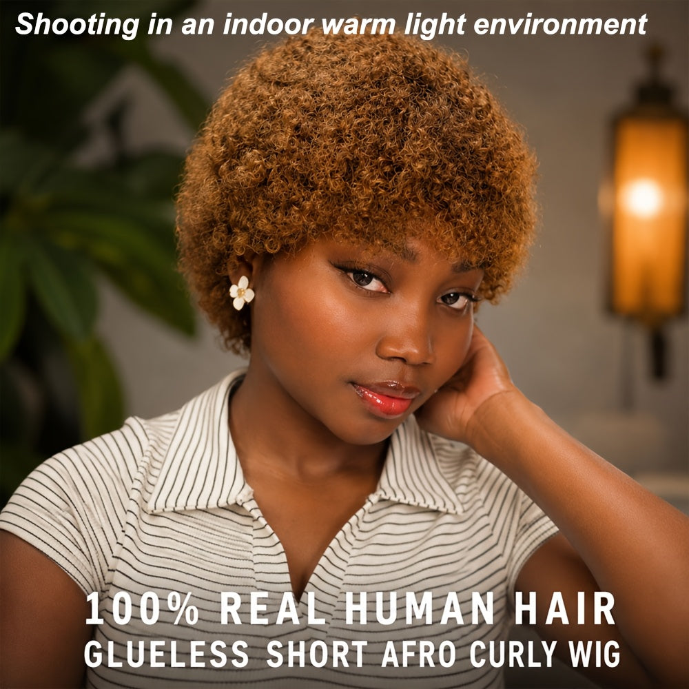 Short Kinky Curly Afro Wig Human Hair Glueless for Black Women 6 Inch — Natural Afro Puff Kinky Coily Wig Deep Grey Camel Ginger for 70s 80s Cosplay Party Daily Wear