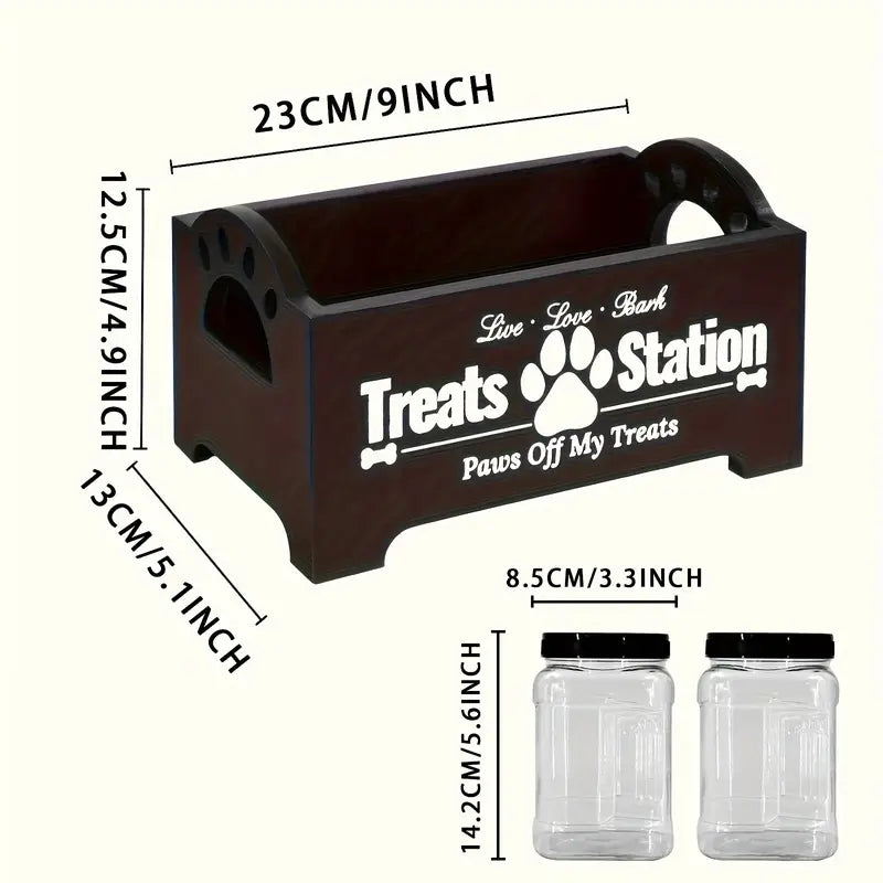 Dog Treat Storage Container Set – Rustic Wooden Organizer with 2 Plastic Treat Bins, Airtight Pet Food Storage for Kitchen Counter, Black & White