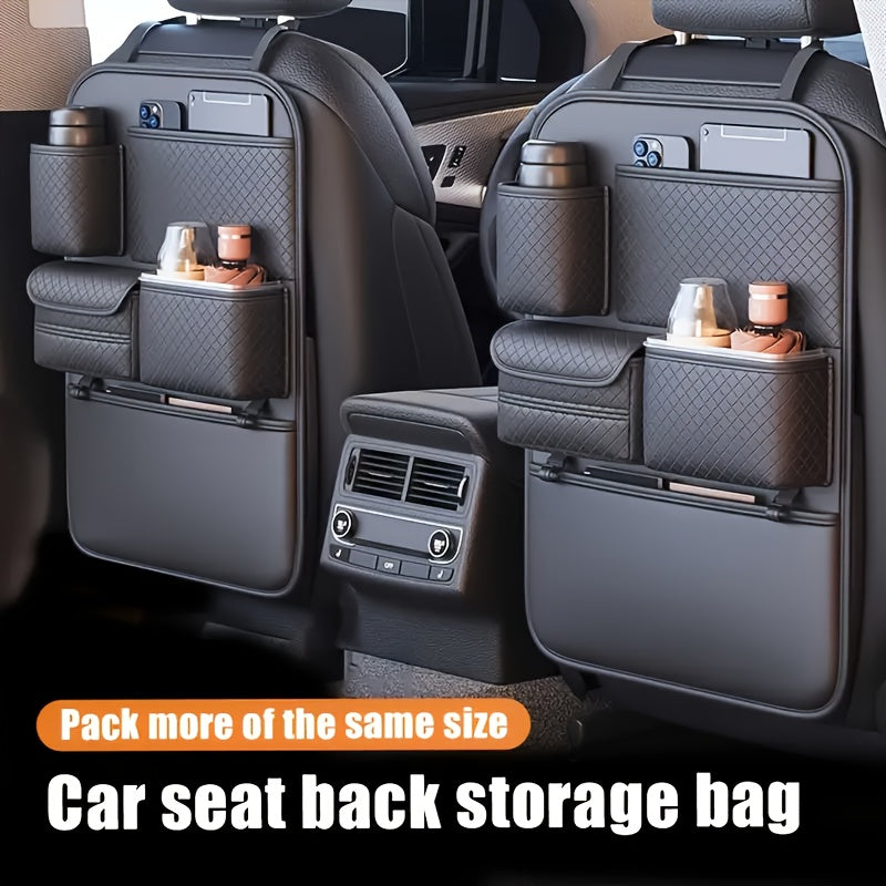 1pc Brand New 2025 Faux Leather Car Seat Back Organizer Bag Featuring a Diamond Design - Multi-Tier Storage for Bottles, Tablets, Laptops, And Additions, Black, Universal | Chic Car Organizer Bag | Faux Leather Car Bag