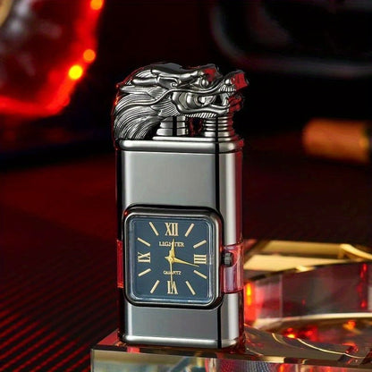 Double Flame Torch Lighter for Men – Windproof Refillable Butane Lighter with Vintage Quartz Dial, Zinc Alloy Body, Gift Box Included, Outdoor Camping BBQ Survival, Unique Engraved Style (Butane Not Included)