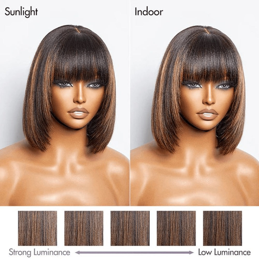 Straight Bob Wig with Bangs Human Hair 3x1 Lace Part Pre-Plucked Glueless Brazilian Short Bob 150 Density 1B/30 Highlight Natural Black 10-12 Inch Women