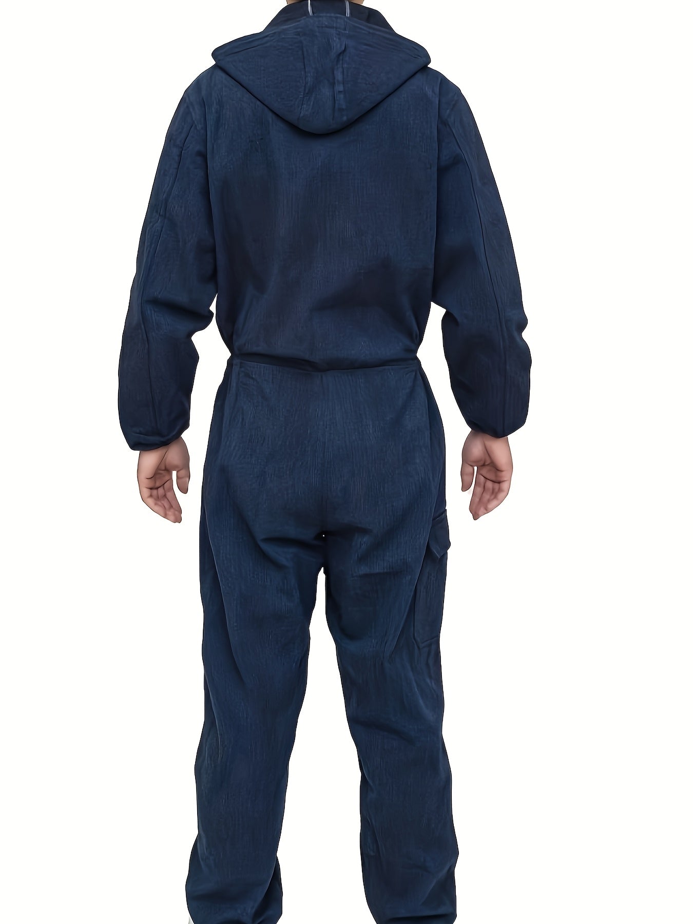 Unisex Hooded Denim-Look Coveralls - Loose Fit Zipper Front