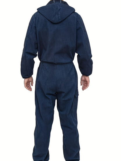 Unisex Hooded Denim-Look Coveralls - Loose Fit Zipper Front