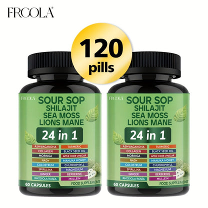 Sea Moss Capsules 24-in-1 Superfood Blend 2238mg with Soursop Shilajit Lion's Mane Graviola — Gut Health Immunity Brain Energy Antioxidant Support Supplement for Men Women 60 & 120 Count