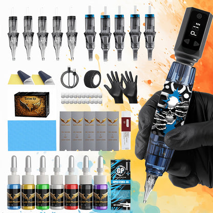 Wireless Tattoo Pen Kit GOLDPLUME Complete Set with Power Supply 10 Cartridge Needles 7 Ink Bottles Rotary Tattoo Machine for Beginners & Professional Artists